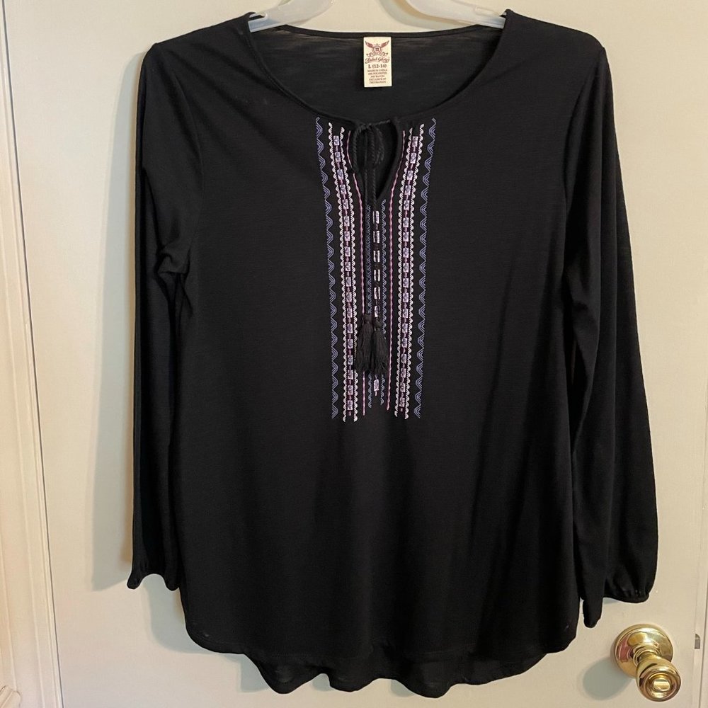 Faded Glory Embroidered Tie Neck Long Sleeve Top